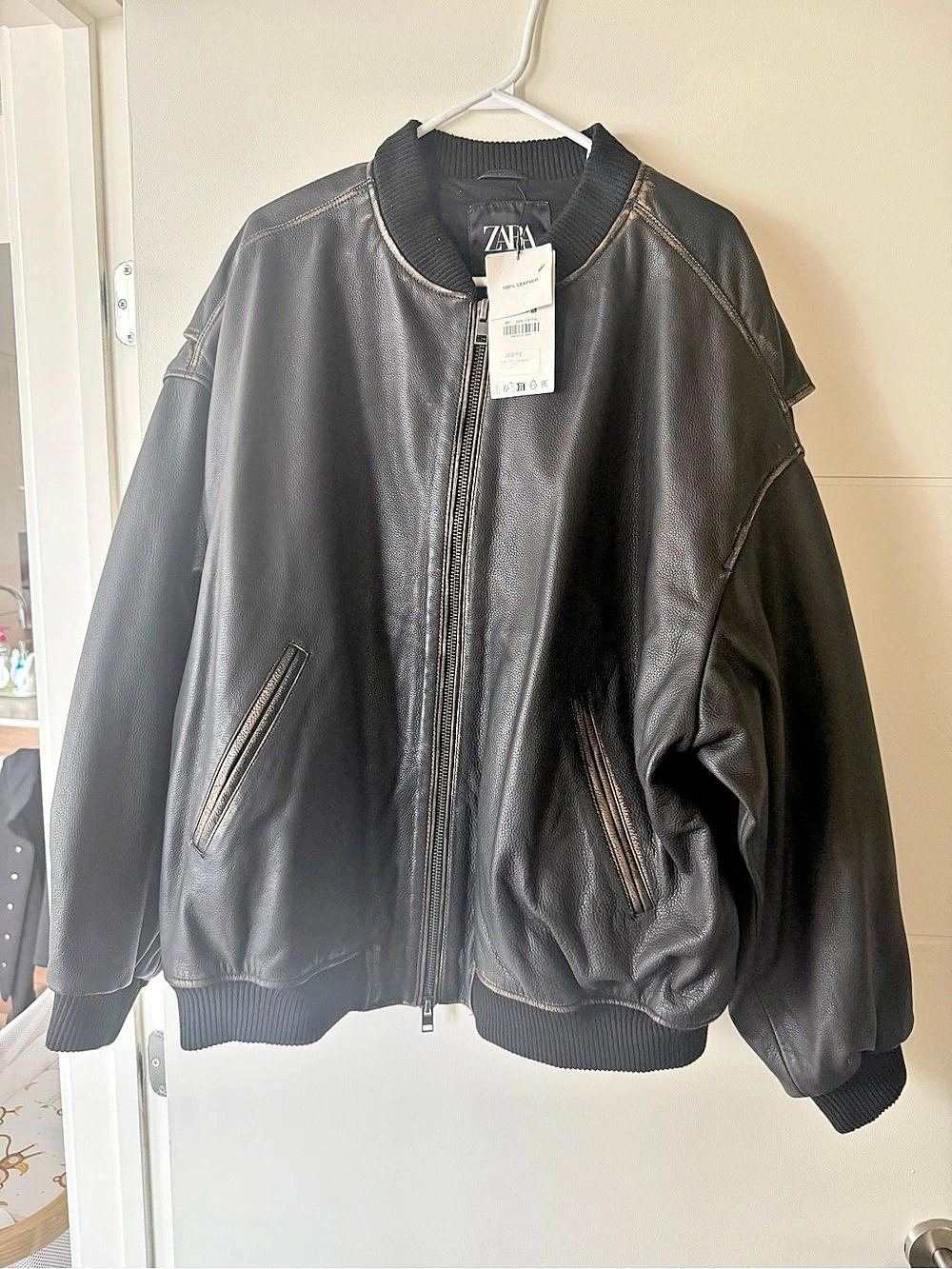 Zara Oversized Leather Bomber Jacket Black Medium